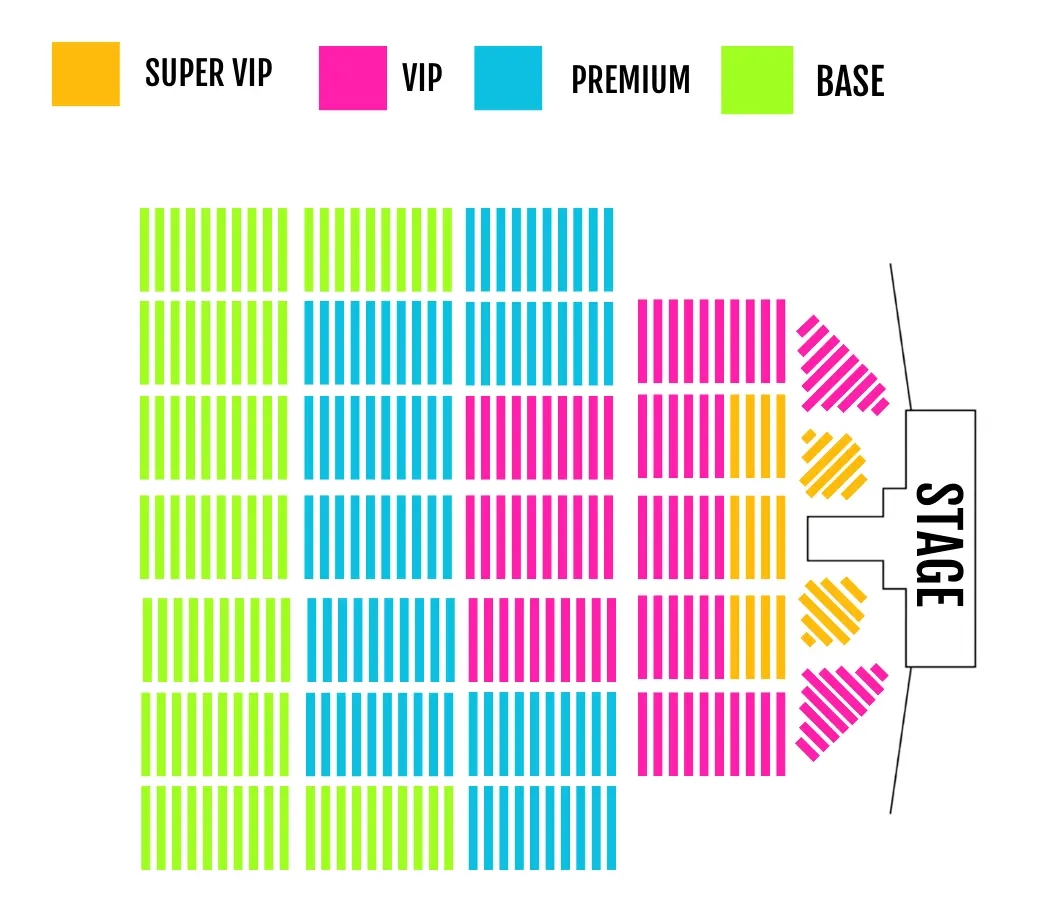 BTC Show 2026 mainstage seating chart — Super VIP, VIP, Premium, and Base sections facing the stage