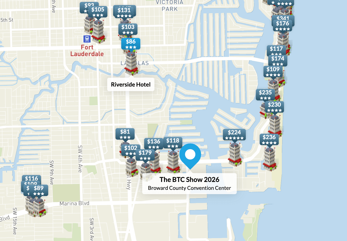 Map of hotels near the Broward County Convention Center in Fort Lauderdale, with nightly rates, centered on The BTC Show 2026
